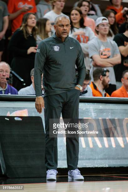 Kansas State Wildcats coach Jerome Tang watches game play against the Oklahoma State Cowboys on February 3rd, 2024 at Gallagher-Iba Arena in...