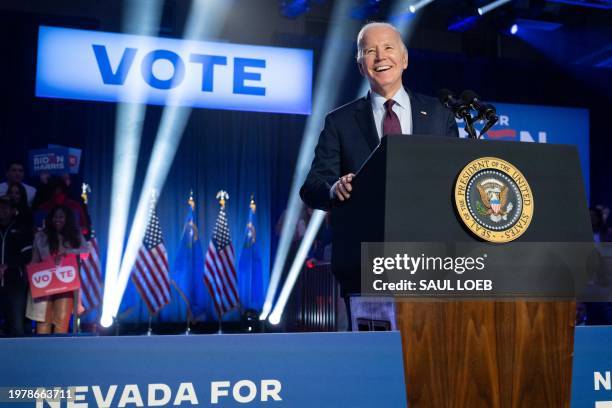 President Joe Biden speaks during a campaign rally at Pearson Community Center in Las Vegas, Nevada, on February 4, 2024.