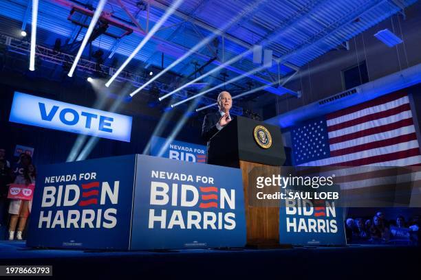 President Joe Biden speaks during a campaign rally at Pearson Community Center in Las Vegas, Nevada, on February 4, 2024.