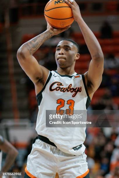 Oklahoma State Cowboys center Brandon Garrison shoots a free throw during the game against the Kansas State Wildcats on February 3rd, 2024 at...
