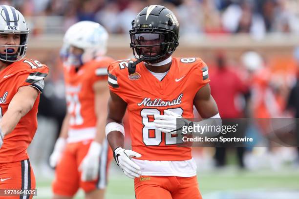 National wide receiver Javon Baker of Central Florida during the 2024 Reese's Senior Bowl on February 3, 2024 at Hancock Whitney Stadium in Mobile,...