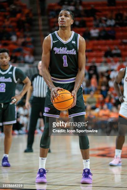 Kansas State Wildcats forward David N'Guessan shoots a free throw during the game against the Oklahoma State Cowboys on February 3rd, 2024 at...