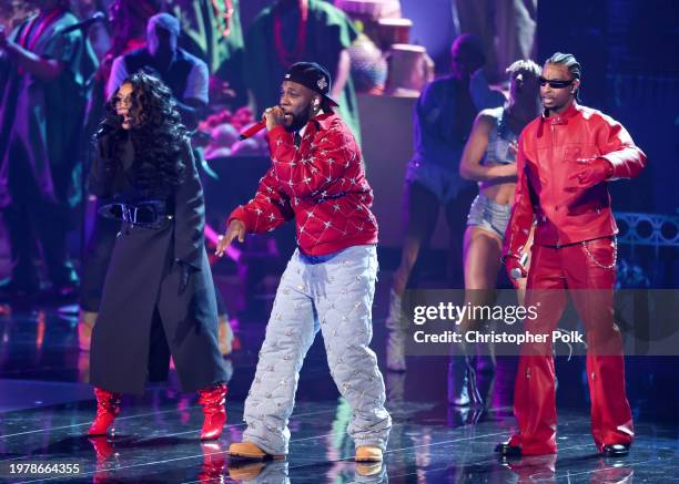 Brandy, Burna Boy and 21 Savage perform on stage at the 66th Annual GRAMMY Awards held at Crypto.com Arena on February 4, 2024 in Los Angeles,...