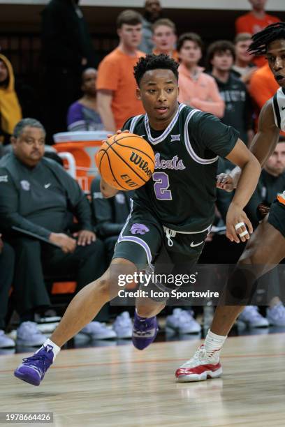 Kansas State Wildcats guard Tylor Perry drives to the basket against the Oklahoma State Cowboys on February 3rd, 2024 at Gallagher-Iba Arena in...