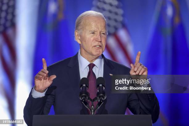 President Joe Biden speaks during a campaign event at Pearson Community Center in Las Vegas, Nevada, US, on Sunday, Feb. 4, 2024. Biden implored...