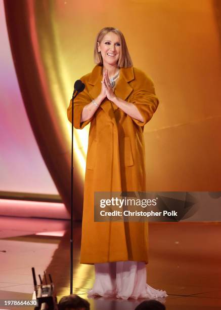 Celine Dion speaks onstage at the 66th Annual GRAMMY Awards held at Crypto.com Arena on February 4, 2024 in Los Angeles, California.