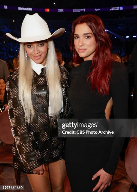 Beyoncé and Dua Lipa behind the scenes at The 66th Annual Grammy Awards, airing live from Crypto.com Arena in Los Angeles, California, Sunday, Feb. 4...