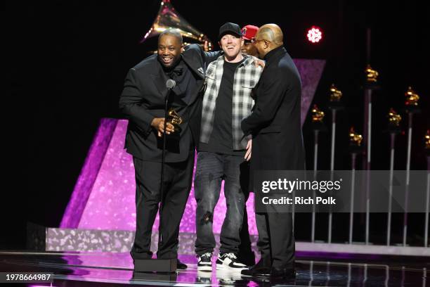 Killer Mike and DJ Paul accept the "Best Rap Song" award for "Scientists & Engineers" onstage at the 66th Annual GRAMMY Awards Premiere Ceremony held...