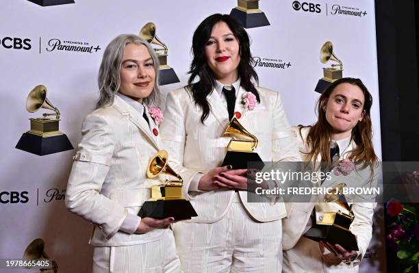 Julien Baker , Phoebe Bridgers and Lucy Dacus of US indie group boygenius pose in the press room with the Grammy Awards for Best Alternative Music...