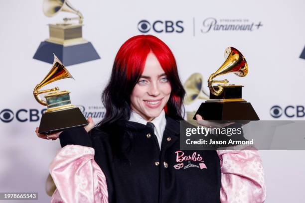 Los Angeles, CA Winner Billie Eilish for Best Song Written for Visual Media and Song of the Year, with trophy, at the 66th Grammy Awards held at the...