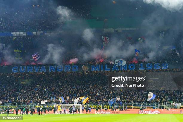 Supporters of FC Inter are celebrating during the match between FC Internazionale and Juventus FC in the Serie A at Giuseppe Meazza Stadium in Milan,...