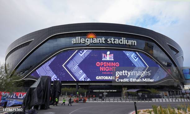 Video board displays an advertisement for Monday's Super Bowl LVIII Opening Night at Allegiant Stadium on February 01, 2024 in Las Vegas, Nevada. The...