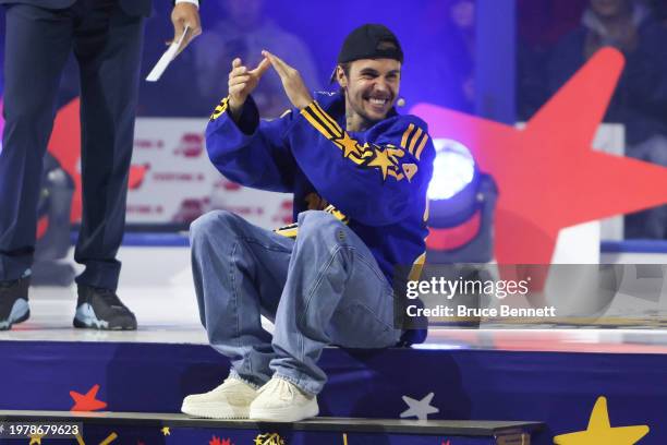 Singer Justin Bieber takes part in the draft during 2024 NHL All-Star Thursday at Scotiabank Arena on February 01, 2024 in Toronto, Ontario, Canada.