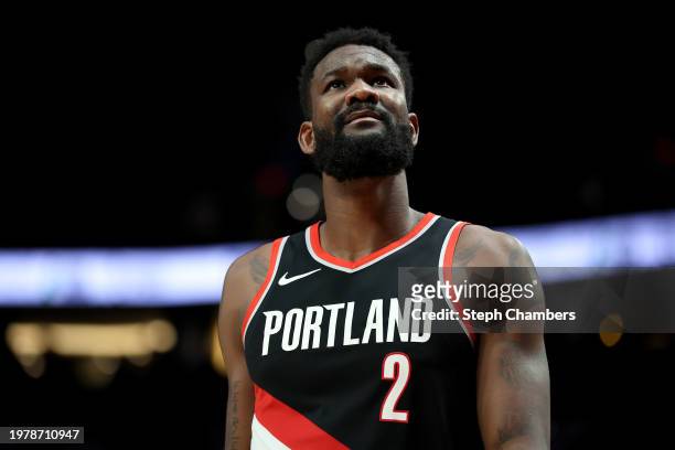 Deandre Ayton of the Portland Trail Blazers looks on during the fourth quarter against the Milwaukee Bucks at Moda Center on January 31, 2024 in...