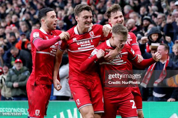 Marcus Forss of Middlesbrough is celebrating after scoring their first goal in the Sky Bet Championship match against Sunderland at the Riverside...