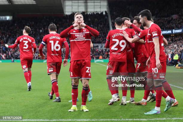 Marcus Forss of Middlesbrough is celebrating after scoring their first goal in the Sky Bet Championship match against Sunderland at the Riverside...