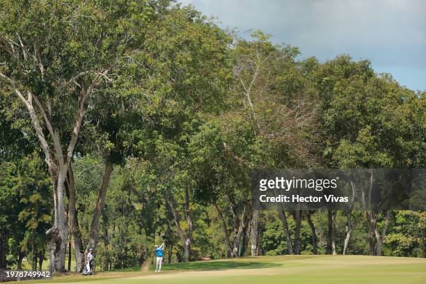 Erik Compton of United States plays his second shot on the 9th hole during the first round of The Panama Championship at Club de Golf de Panama on...