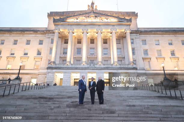 Speaker of the Northern Ireland Assembly DUP MLA Edwin Poots, UK Prime Minister Rishi Sunak and Northern Ireland Secretary Chris Heaton-Harris at...