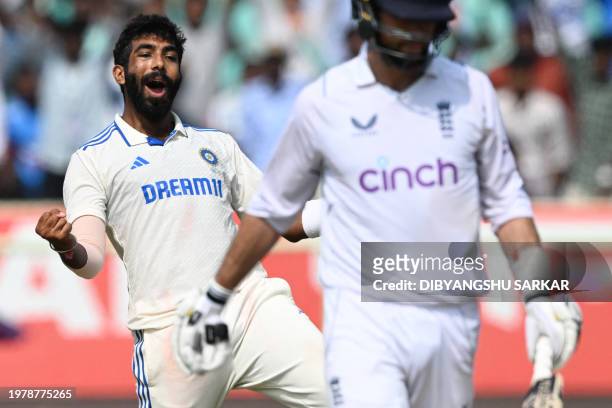 India's Jasprit Bumrah celebrates after taking the wicket of England's Ben Foakes during the fourth day of the second Test cricket match between...