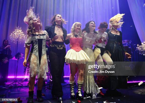 Rebekah Rayner, Aurora Nishevci, Emily Roberts, Abigail Morris, Lizzie Mayland and Georgia Davies of The Last Dinner Party performs at The Roundhouse...