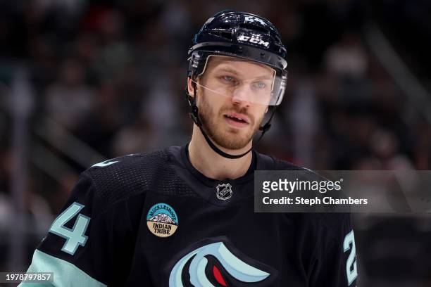 Jamie Oleksiak of the Seattle Kraken looks on during the second period against the Columbus Blue Jackets at Climate Pledge Arena on January 28, 2024...