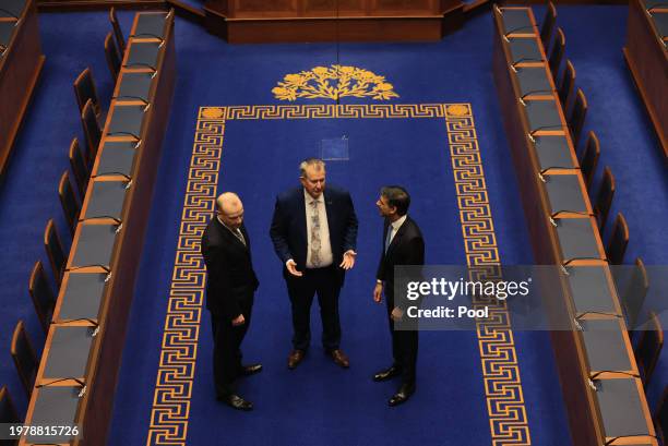 Northern Ireland Secretary Chris Heaton-Harris, Speaker of the Northern Ireland Assembly DUP MLA Edwin Poots and UK Prime Minister Rishi Sunak tour...