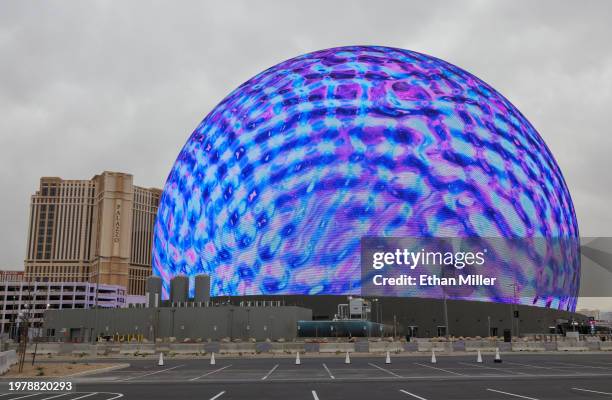 Sphere lights up in front of The Palazzo at The Venetian Resort Las Vegas on February 01, 2024 in Las Vegas, Nevada. The 17,385-seat, 366-foot-tall,...