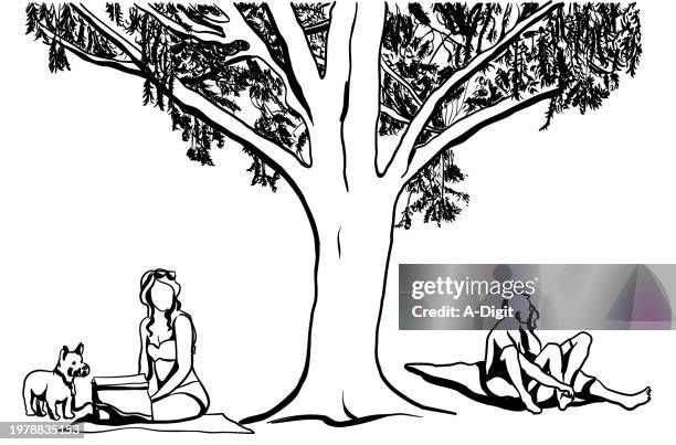 summer tree and visitors ink - sunbathing park stock illustrations