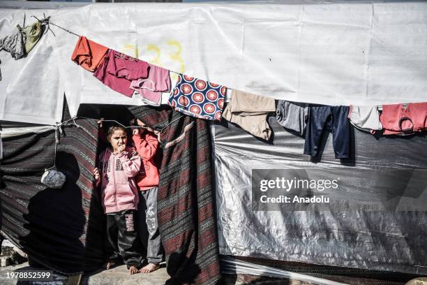 Palestinians, trying to live in makeshift tents they set up on the sidewalks are viewed in Rafah, Gaza on February 4, 2024. Thousands of Palestinians...