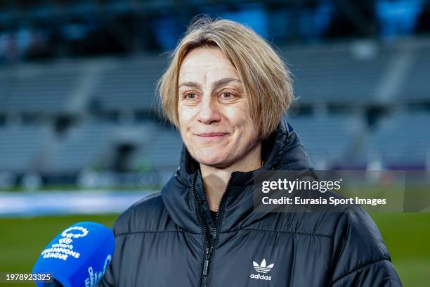 Paris FC Head Coach Sandrine Soubeyrand talks during a flash interview during the UEFA Women's Champions League group stage match between Paris FC...