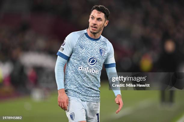 Adam Smith of Bournemouth looks on during the Premier League match between West Ham United and AFC Bournemouth at London Stadium on February 01, 2024...