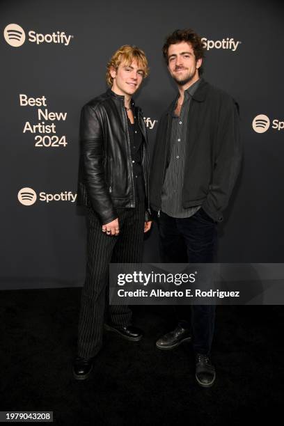 Ross Lynch and Rocky Lynch of The Driver Era attend the 2024 Spotify Best New Artist Party at Paramount Studios on February 01, 2024 in Los Angeles,...