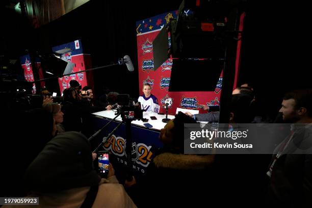 Savannah Harmon of Team King attends a post-game press conference after the Canadian Tire PWHL 3-on-3 Showcase between Team King and Team Kloss at...