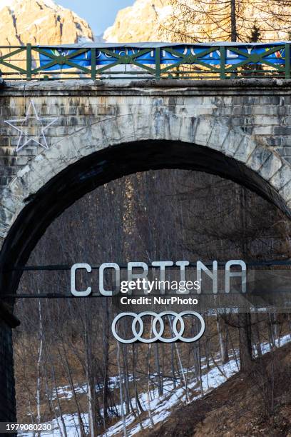 View of the banner advertising the upcming Olympic and Paralympic Winter Games - Milano Cortina 2026, in Cortina d'Ampezzo, Italy, on February 4,...
