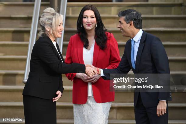 First Minister of Northern Ireland, Michelle O'Neill, and Deputy First Minister of Northern Ireland, Emma Little-Pengelly, greet Prime Minister Rishi...