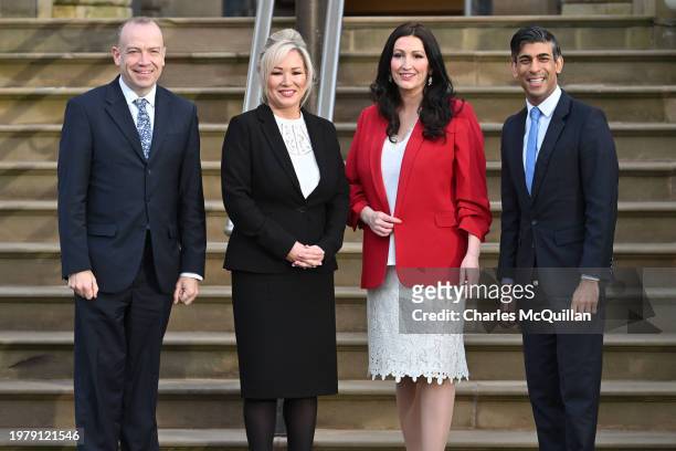 First Minister of Northern Ireland, Michelle O'Neill, and Deputy First Minister of Northern Ireland, Emma Little-Pengelly, greet Prime Minister Rishi...
