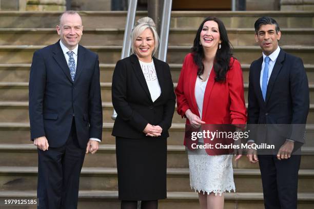 First Minister of Northern Ireland, Michelle O'Neill, and Deputy First Minister of Northern Ireland, Emma Little-Pengelly, greet Prime Minister Rishi...