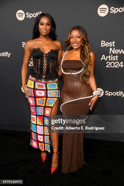 Coco Jones and Victoria Monét attend the 2024 Spotify Best New Artist Party at Paramount Studios on February 01, 2024 in Los Angeles, California.