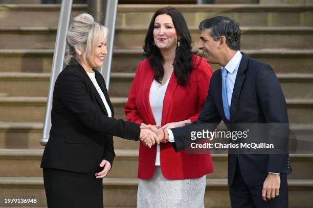 First Minister of Northern Ireland, Michelle O'Neill, and Deputy First Minister of Northern Ireland, Emma Little-Pengelly, greet Prime Minister Rishi...