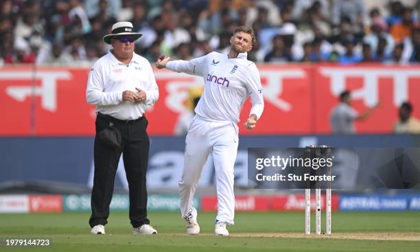 England bowler Joe Root opens the bowling during day one of the 2nd Test Match between India and England at ACA-VDCA Stadium on February 02, 2024 in...