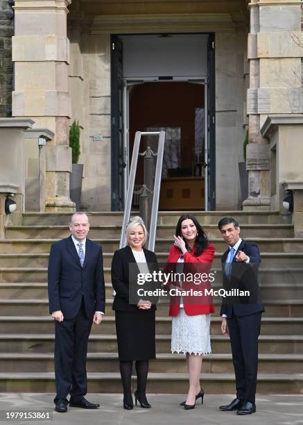 First Minister of Northern Ireland, Michelle O'Neill, and Deputy First Minister of Northern Ireland, Emma Little-Pengelly, greet Prime Minister Rishi...