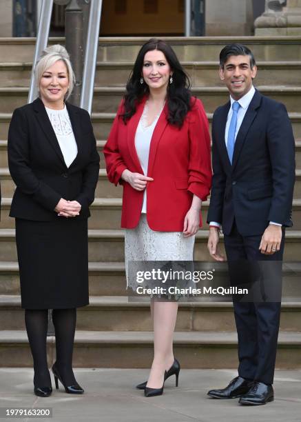 First Minister of Northern Ireland, Michelle O'Neill, and Deputy First Minister of Northern Ireland, Emma Little-Pengelly, greet Prime Minister Rishi...