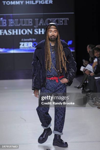 Ty Hunter walks the runway during the 8th Annual Blue Jacket Fashion Show at Moonlight Studios on February 01, 2024 in New York City.