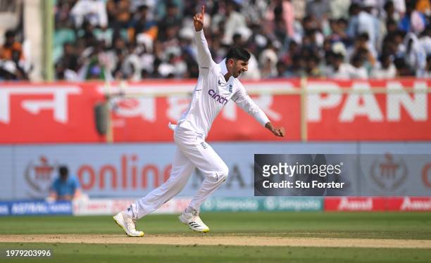 England bowler Shoaib Bashir celebrates his first test wicket, that of Rohit Sharma during day one of the 2nd Test Match between India and England at...