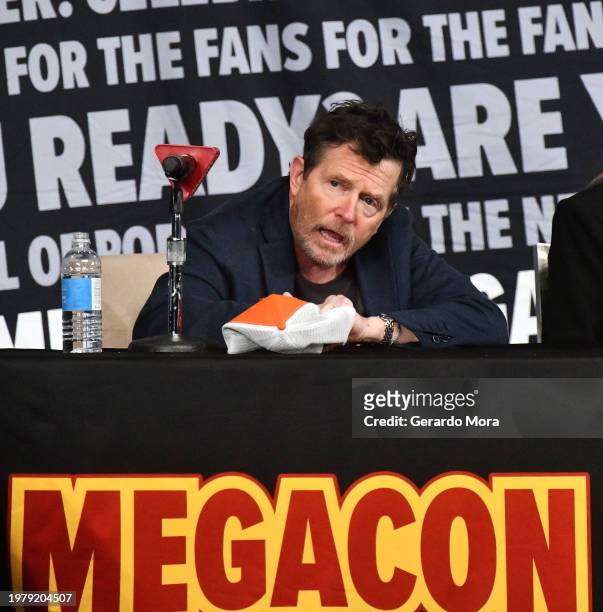 Actor Michael J. Fox speaks during the ‘Back to the Future’ reunion at MegaCon Orlando 2024 at Orange County Convention Center on February 01, 2024...