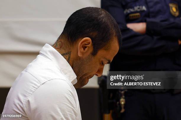 Brazilian footballer Dani Alves looks down during his trial at the High Court of Justice of Catalonia in Barcelona, on February 5, 2024. Brazilian...