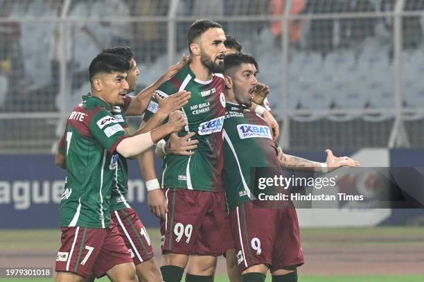 Sadiku with teammates of Mohun Bagan SG celebrate goal against East Bengal FC at ISL match at Salt Lake Stadium on February 3, 2024 in Kolkata, India.