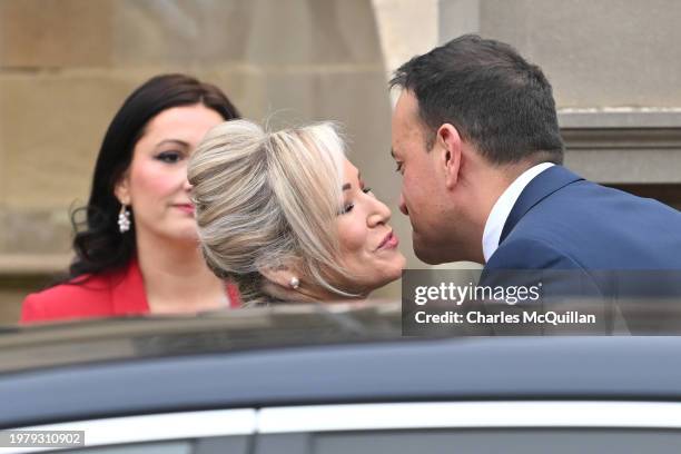 First Minister of Northern Ireland, Michelle O'Neill, and Deputy First Minister of Northern Ireland, Emma Little-Pengelly, greet Irish Prime Minister...
