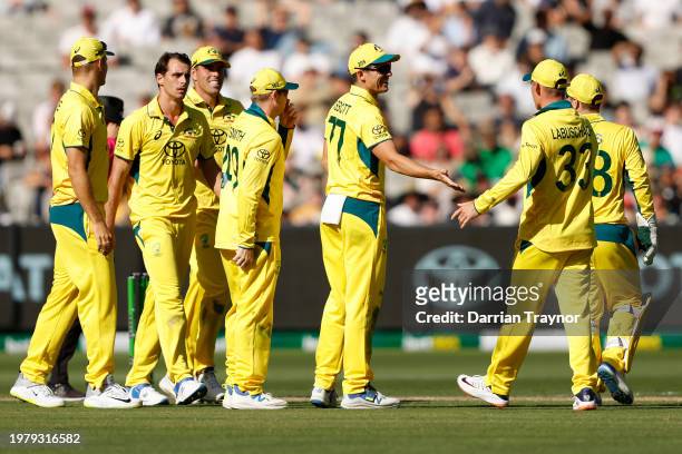 Sean Abbott of Australia celebrates the wicket of Keacy Carty of the West Indies during game one of the One Day International series between...