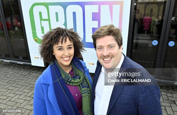 Groen green party co-chairs Nadia Naji and Jeremie Vaneeckhout pose for a photo during a press event to kick-off the party's campaign for Belgium's...